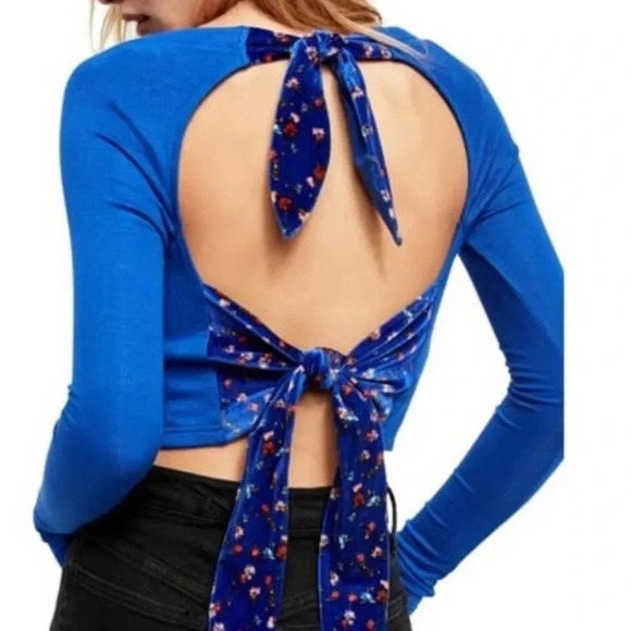 Free People NWT Looking Forward Blue Frame V-Neck Long Sleeve Tie Back Top - Picture 9 of 9
